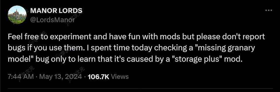 《庄园领主》开发者：如果用了Mod请不要上报BUG