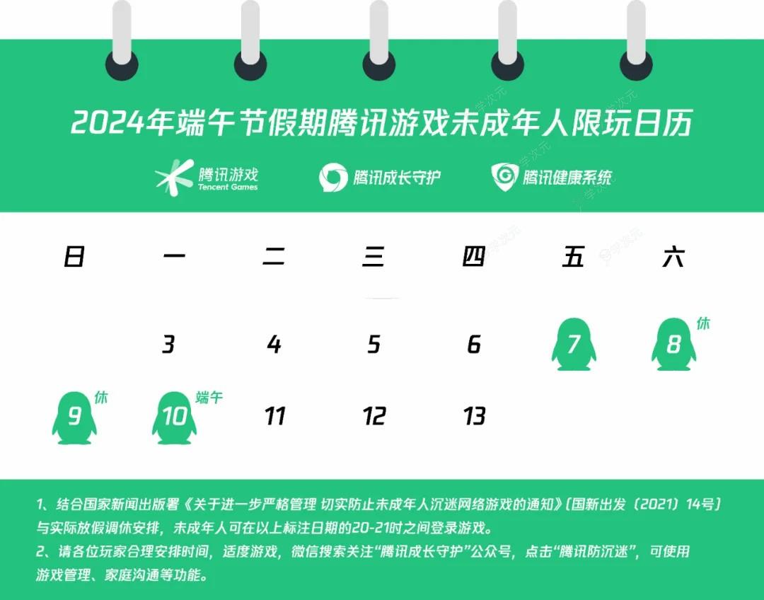 腾讯游戏发布2024年端午节未成年人限玩通知：4天每天1小时