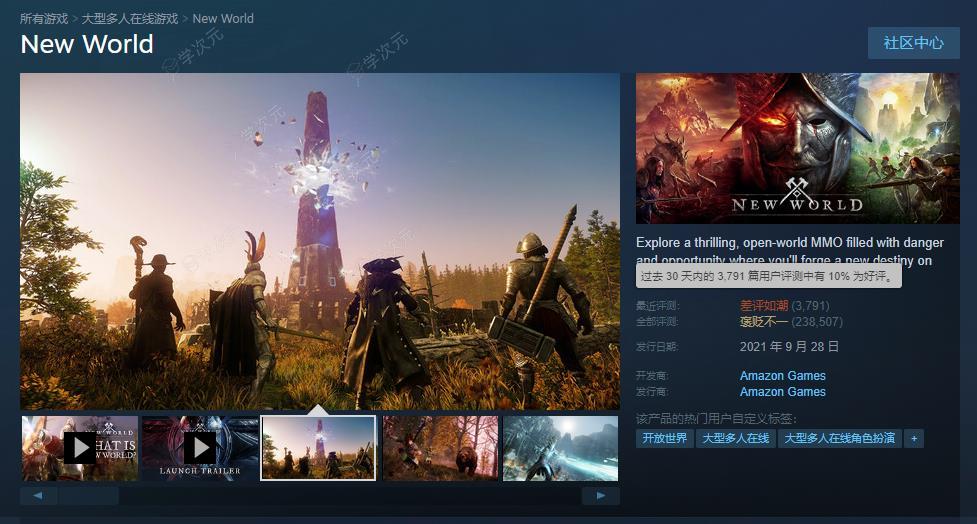 亚马逊MMO《新世界》重新发布引PC玩家不满 在Steam上遭到差评轰炸